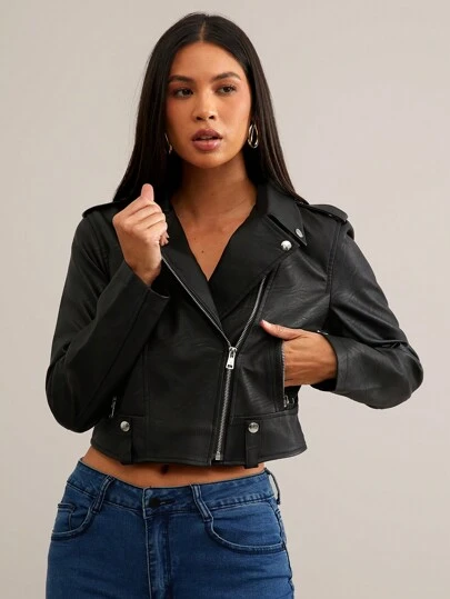 Siren Gaze Lapel Neck Zip Up PU Leather Jacket In Fall/Winter Black Casual