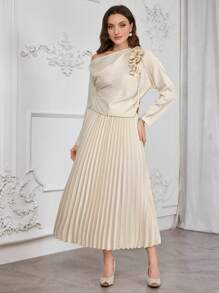 Modelyn 2pcs Women Floral Decoration Simple Long Sleeve Top And Skirt Set 2 Pieces Set