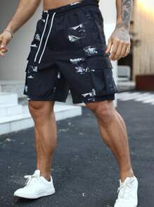 Manfinity LEGND Men's Brush Print Drawstring Waist Cargo Pocket Shorts - Black - View 6