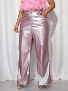 SHEIN ICON Calça Flare com Bolso em Formato de Coração em Couro PU Rosa Plus Size, Encontro no Dia dos Namorados, Calça Flare com Bolso em Formato de Coração - Rosa chiclete - Visão 5