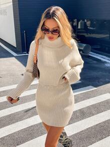 SHEIN Essnce 2pcs Set: Knit Turtleneck Loose Sweater And Tight Fitting Midi Skirt - Khaki - View 3