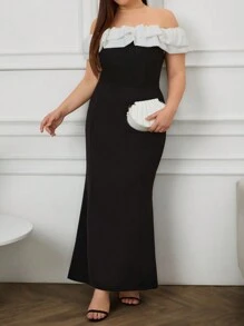SHEIN Cottnline Plus Women's Two Tones Off Shoulder Ruffle Trim Bodycon Dress, Elegant Dress - Black and White - View 3