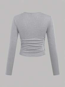 SHEIN Girlism 4pcs/Set Girls Solid & Striped Crew Neck Ruched Waist Long Sleeve Tight Fit Tops, Combo Set (Black, White, Gray) - Multicolor - View 7