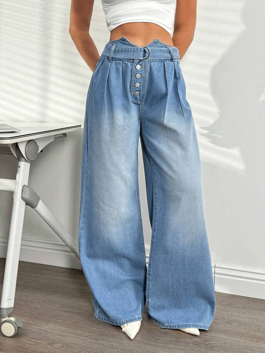 SHEIN Essnce Women's Front Button Simple Loose Denim Jeans, Casual Daily Wear - Blue - View 1