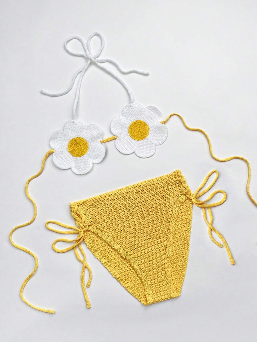 女士夏季沙滩休闲 3D 花卉装饰镂空针织罩衫带泳衣 2 件套 - 黃色 - 查看 1