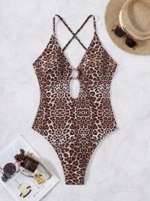 SHEIN Swim Summer Women's Leopard Print Backless Deep V-Neck One-Piece Swimsuit, Fashionable Sexy