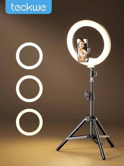 Teckwe Selfie Ring Light,Tripod Phone Stand Holder Photography RingLight Circle Fill Light Led Color Lamp Live Stream 3 Color Temperatures Adjustable 10Inch & 120 Lamp Beads Gifts,Must-Haves For Autumn And Winter Holiday Camping Holiday Essentials Vacation Accessories,Camping Supplies