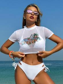 Swim Vcay Conjunto de bikini de unicolor con top de cuello halter y pasadores, con parte superior de cobertura de malla para el verano