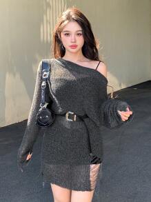 DAZY Women's Off Shoulder Long Sleeve Solid Color Casual Sweater Dress, Autumn/Winter Sheer Linen,Fall Women Clothes