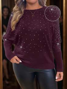 SHEIN Clasi Suéter con cuello redondo, manga larga y adornos de strass, talla grande