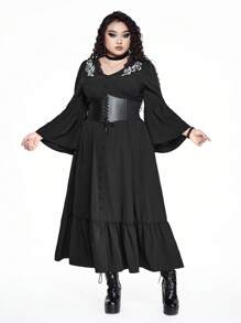 ROMWE Goth 女式深 V 领撞色蕾丝蛇皮印花刺绣喇叭袖连衣裙