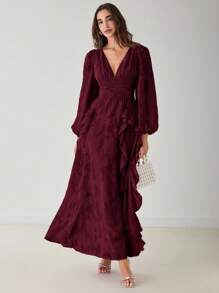 Enchnt Đầm Maxi Thanh Lịch Cổ Chữ V Tay Phồng Viền Xếp Ly Màu Trơn Cho Nữ - Màu Đỏ Sâu - Xem 6