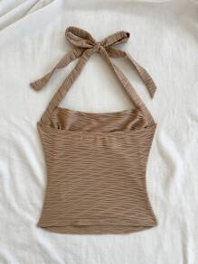 Soleia Camiseta ajustada de punto texturizado de color café para vacaciones de mujer