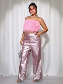 SHEIN ICON Calça Flare com Bolso em Formato de Coração em Couro PU Rosa Plus Size, Encontro no Dia dos Namorados, Calça Flare com Bolso em Formato de Coração - Rosa chiclete - Visão 4