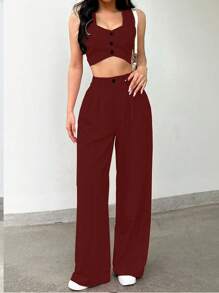 INAWLY 2 pièces Ensemble femme Top sans manches boutonné devant et pantalon de couleur unie - Rouge foncé - Voir 3