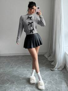 Selianne French Knot Bow Soft & Fluffy Winter Sweater, Sweet Pullover For Women Knit Pullover Fall Sweater - Grey - View 3
