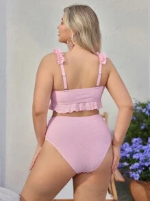 Swim Mod Plus Size Swimwear Set With Front Tie Strap And Ruffle, Special Fabric, Cute And Sweet For Girls Summer