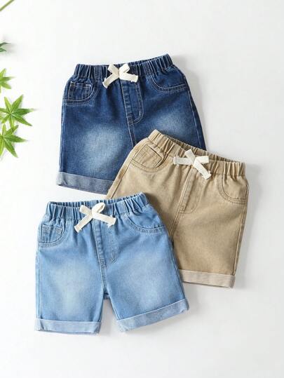 3 pièces Shorts en jean décontractés amples avec décor de cordon de taille élastique, assortiment pour bébés garçons