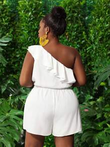 Slaydiva Women's Elegant Beach & Commuting Summer Halter Neck Ruffled Cinched Waist Fitted White Semi-Sheer Romper - White - View 2