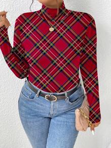 SHEIN Essnce Casual Minimalistic Full Red Plaid Print Plus Size High Neck T-Shirt - Multicolor - View 3