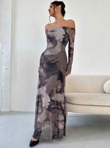 Firerie 新款优雅扎染印花露肩连衣裙，秋冬款