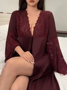 DAZY Lace Patchwork Satin Romantic Semi-Sheer Flare Sleeve Robe Pajama - Burgundy - View 1