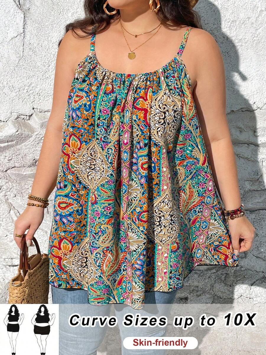 SHEIN CURVE+ Plus Size Women Tie Dye Printed Casual Cami Top For Summer, Independence Day, National Flag Print - Multicolor - View 1