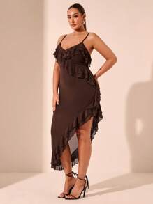 SHEIN BAE 大码女式浪漫优雅V领镂空荷叶边吊带背心连衣裙，巧克力色，适合情人节和夏季 - 棕色 - 查看 5