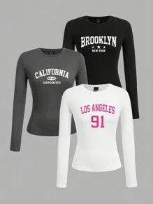 Muchica 3 件套女式复古美式英式图案圆领休闲修身长袖 T 恤套装，适合夏季 - 彩色 - 查看 3