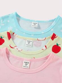 3 件套年轻女孩可爱公主苹果和雪花印花 T 恤，休闲日常穿着，春夏