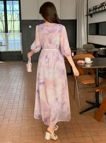 DAZY Women's Tie-Dye Print V-Neck Short Sleeve Elegant Chiffon Mid-Length Dress Summer Sundress Floral - Pink - View 4