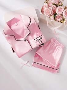 SHEIN 2pcs/Set Tween Girls Valentine's Clothes Simple Short Sleeve Cardigan With Pockets And Bow Patch Printed Shorts Pajamas Set - Pink - View 3