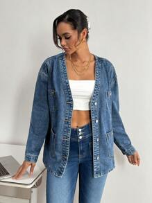 SHEIN Essnce Women's Front Button Long Sleeve Pocket Minimalist Casual Denim Jacket