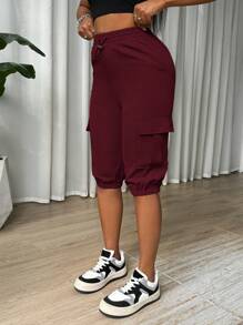 SHEIN SXY 女式纯色抽绳腰部实用口袋七分休闲裤