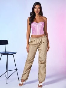 SHEIN BAE Top feminino de cor sólida com contraste de renda e bandeau - Baby Rosa - Ver 4