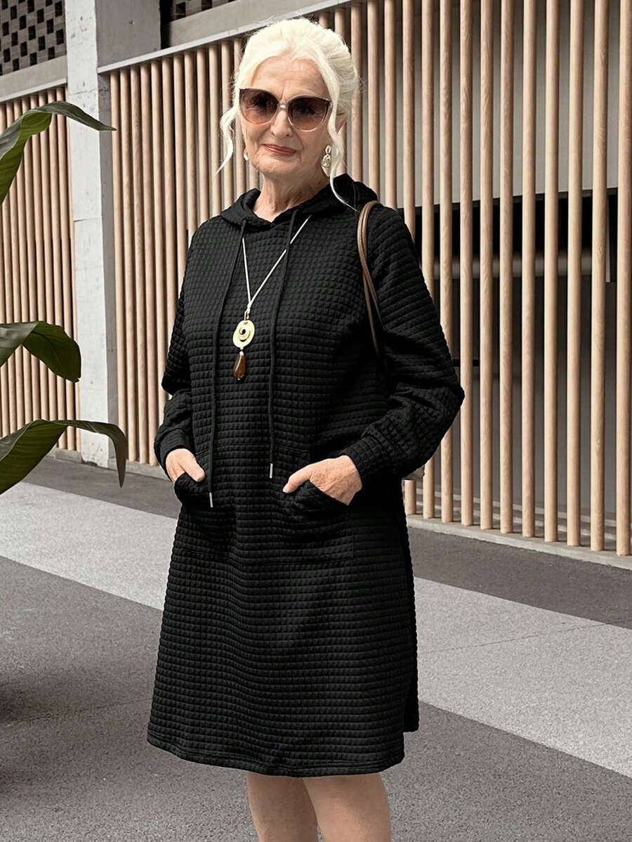 Miaspire Women's Solid Color Long Sleeve Drawstring Hooded Pocket Casual Mid-Length Sweatshirt Dress, Autumn/Winter
