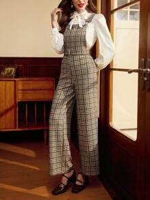 Vintamour 复古格纹印花背带裤，秋冬新年休闲女装 - 咖啡棕 - 查看 1