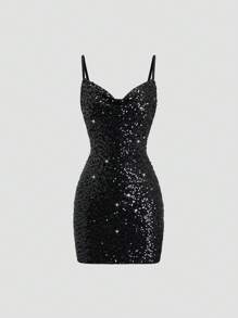 SHEIN Unity Women's Solid Color Sequin Plunging Neckline Fancy Cami Mini Dress