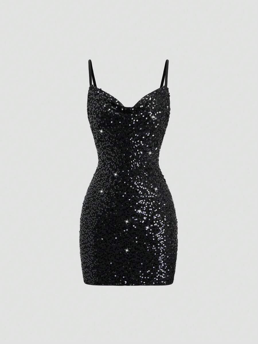 SHEIN Unity Women's Solid Color Sequin Plunging Neckline Fancy Cami Mini Dress