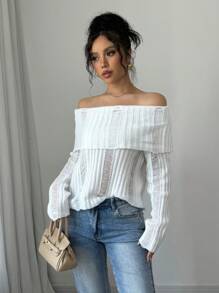 Chiquease Women's Solid Color Sexy Sheer Elegant Off Shoulder Long Sleeve Cropped Knitted Pullover Sweater Fall Winter - White - View 4