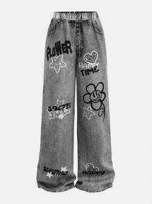 SHEIN 青少年女孩三件套：连帽运动衫、水钻装饰圆领背心和牛仔效果裤