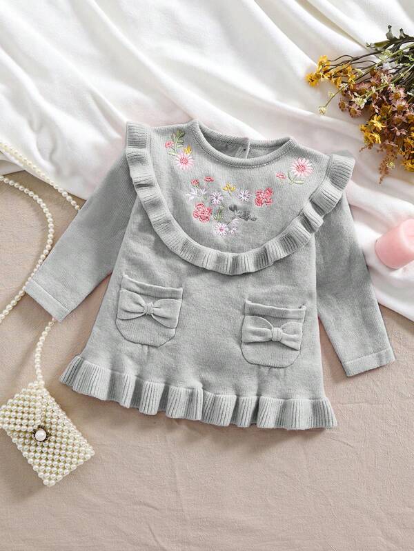 Vestido de punto de manga larga con cuello redondo, volantes y bordado floral para bebé niña, adecuado para otoño/invierno. Material suave, amigable con la piel, ligero y cómodo, versátil para uso casual, escuela, reuniones, exterior, fiestas festivas, etc.