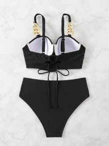 Swim Lushoire Summer Women's Sexy Steel Boned Gathered Adjustable Straps Woven Bikini Set - Black - View 7