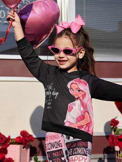 2 件套：年轻女孩卡通长发女孩图案连帽衫和长款紧身裤，展现可爱时尚的设计风格，适合上学、郊游、休闲装、四季