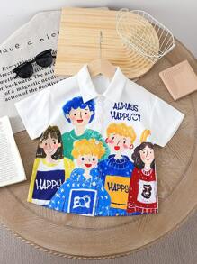 Young Boy Cartoon Character Letter Print Short Sleeve Single Breasted Casual Shirt