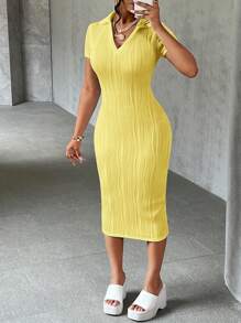 SHEIN Slayr 夏季休闲优雅简约基础款新款翻领V领短袖修身长裙白色波浪针织面料女装 - 黃色 - 查看 9