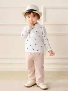 SHEIN Baby Boys Spring & Autumn New Style Half-Open Collar Long Sleeve T-Shirt And Elastic Waist Straight Leg Pants Set, Fashion Simple Boat Print, Casual & Chic - Khaki - View 1