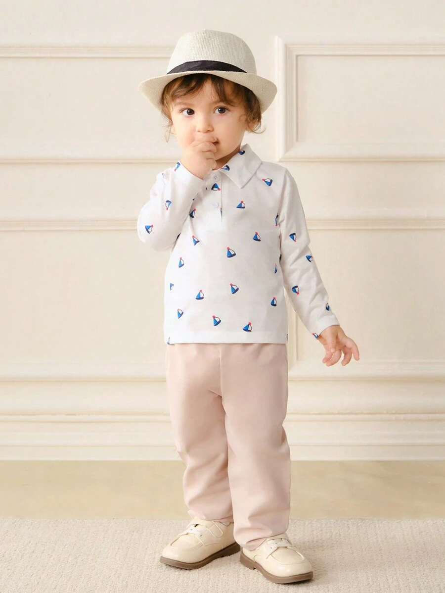 SHEIN Baby Boys Spring & Autumn New Style Half-Open Collar Long Sleeve T-Shirt And Elastic Waist Straight Leg Pants Set, Fashion Simple Boat Print, Casual & Chic - Khaki - View 1