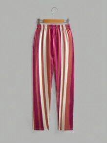 Tween Girls Dog Print Patchwork Striped Top & Comfortable Pants 2pcs Loungewear Set - Multicolor - View 5