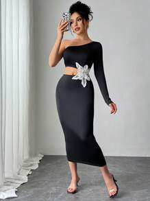 Calvaya Women's Solid Black Asymmetrical Floral Dress